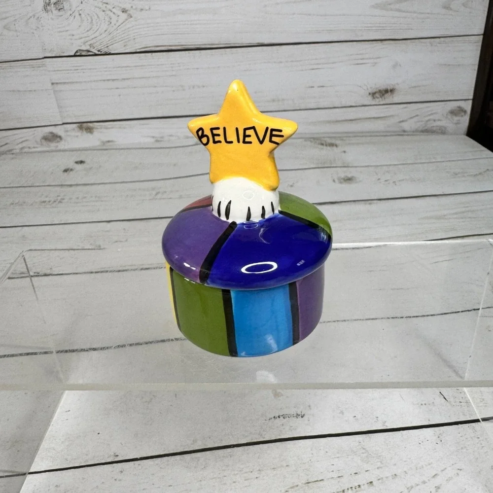 Colorful Ceramic Trinket Box Believe Star Lid Hand Painted Striped Heart Inside
